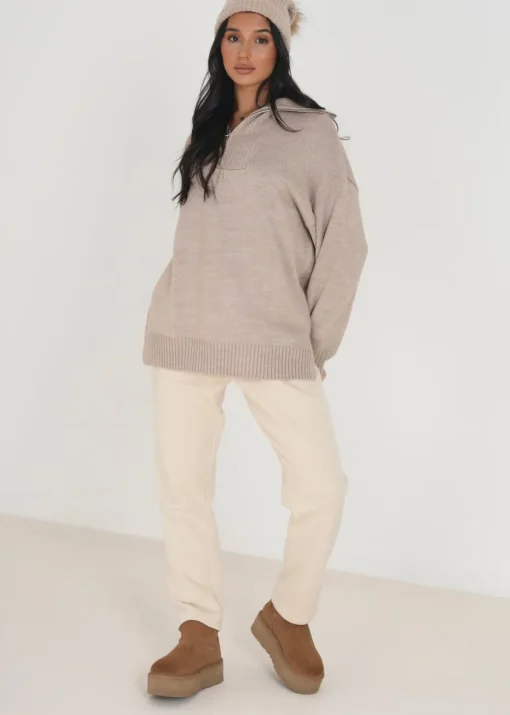 Brave Soul Stone Oversized Zip Collar Knitted Jumper