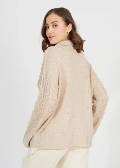 Brave Soul Stone V-Neck Cable Knit Jumper