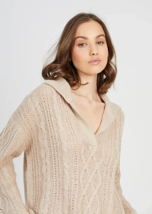 Brave Soul Stone V-Neck Cable Knit Jumper