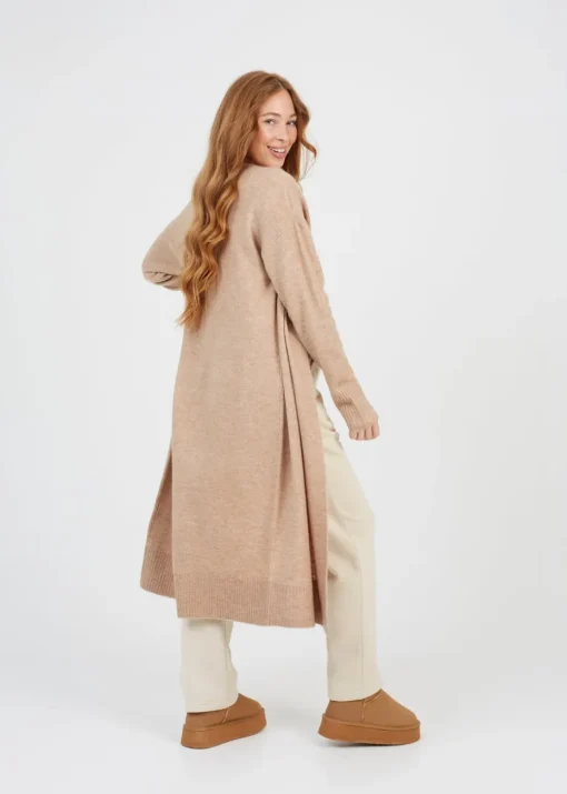 Brave Soul Tan Knitted Dropped Shoulder Maxi Cardigan