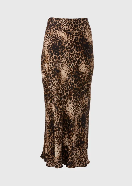 Brown Leopard Print Satin Midaxi Slip Skirt