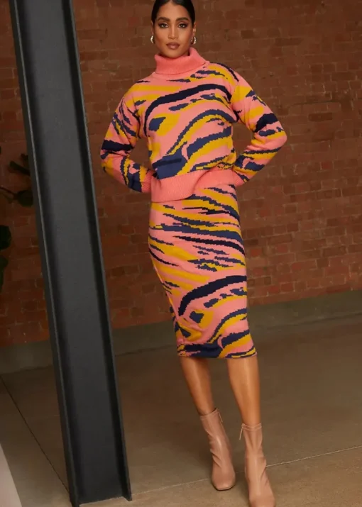 Chi Chi London Abstract Stripe Roll Neck Jumper
