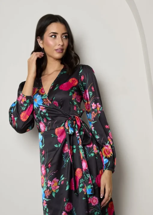 Chi Chi London Black Plus Size Long Sleeve Floral Wrap Dress