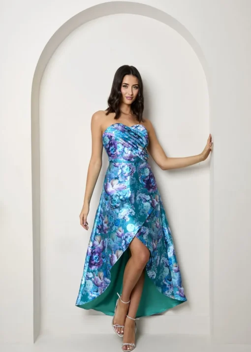 Chi Chi London Blue Bandeau Sweetheart Floral Wrap Detail Dip Hem Dress