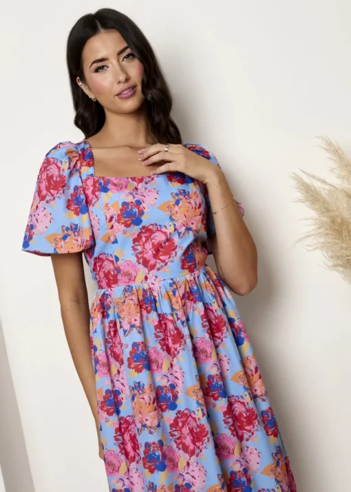 Chi Chi London Blue Square Neck Floral Midi Dress