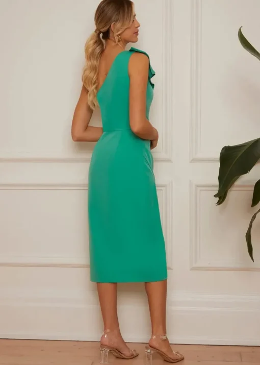 Chi Chi London Green One Shoulder Wrap Detail Midi Dress