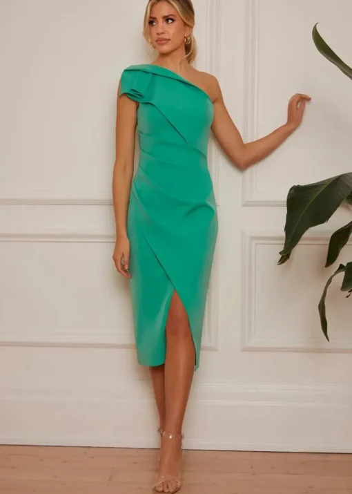 Chi Chi London Green One Shoulder Wrap Detail Midi Dress