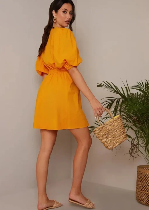 Chi Chi London Orange Ring Front Puff Sleeve Mini Dress