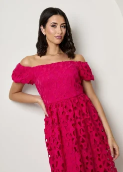 Chi Chi London Pink Bardot Premium Lace Fit & Flare Midi Dress