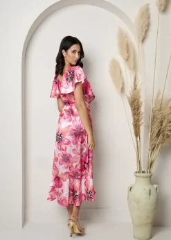Chi Chi London Pink Flutter Sleeve Satin Wrap Dress