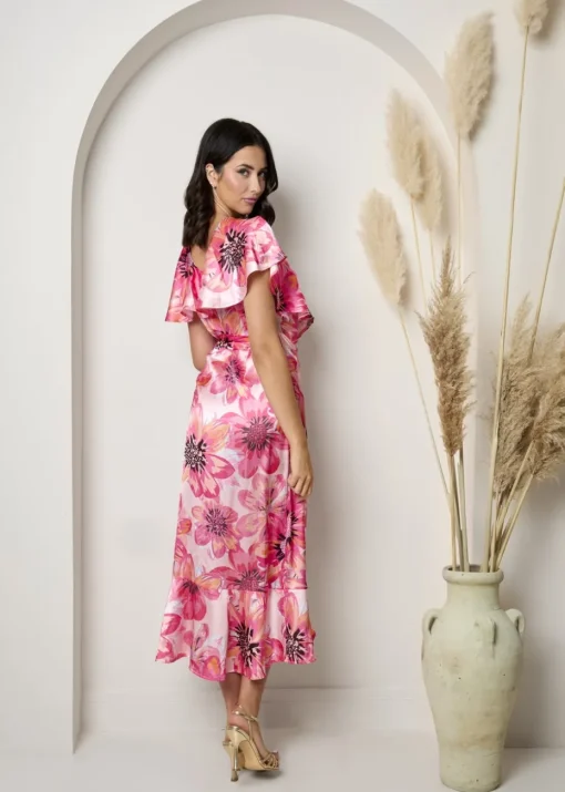 Chi Chi London Pink Flutter Sleeve Satin Wrap Dress