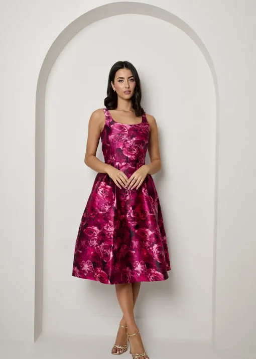 Chi Chi London Purple Plus Size Sleeveless Floral Fit and Flare Midi Dress