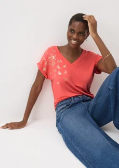 Coral Butterfly Foil V-Neck T-Shirt