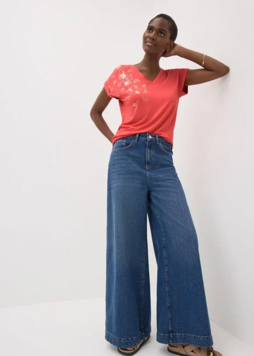 Coral Butterfly Foil V-Neck T-Shirt