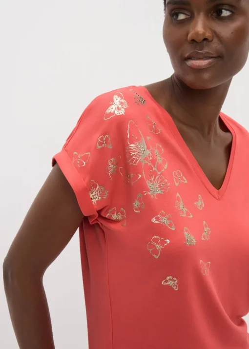 Coral Butterfly Foil V-Neck T-Shirt
