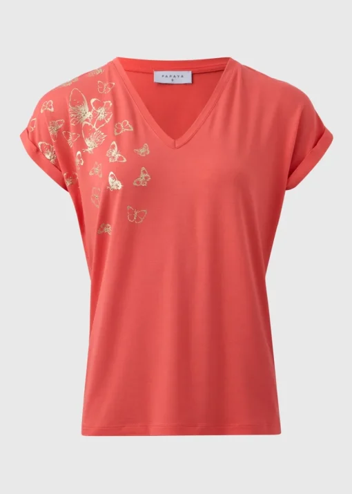 Coral Butterfly Foil V-Neck T-Shirt