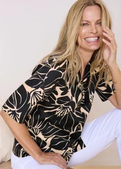 Cotton Traders Black Half Sleeve Printed Blouse