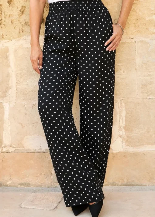 Cotton Traders Black Printed Wide-Leg Pull-On Trousers