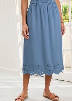 Cotton Traders Dark Blue Pull On Cut Work Midi Skirt