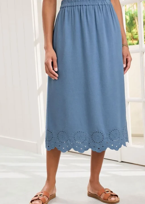 Cotton Traders Dark Blue Pull On Cut Work Midi Skirt