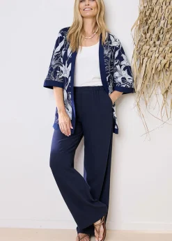 Cotton Traders Dark Blue Viscose Linen Blend Trousers