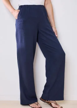 Cotton Traders Dark Blue Viscose Linen Blend Trousers