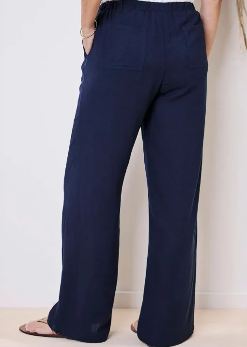 Cotton Traders Dark Blue Viscose Linen Blend Trousers
