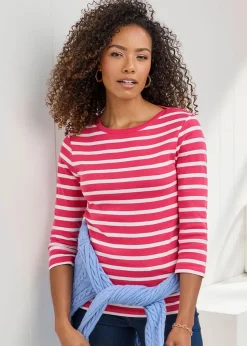 Cotton Traders Deep Coral Wrinkle Free Stripe Boat Neck Top