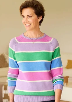 Cotton Traders Deep Lilac Cotton Crew Neck Stripe Jumper