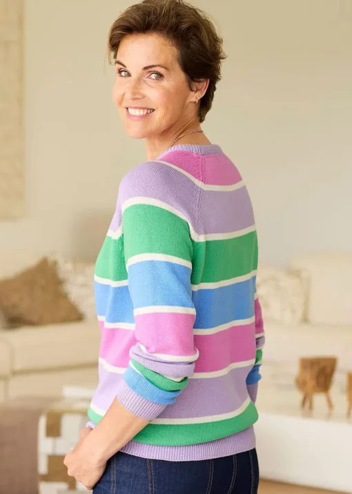 Cotton Traders Deep Lilac Cotton Crew Neck Stripe Jumper