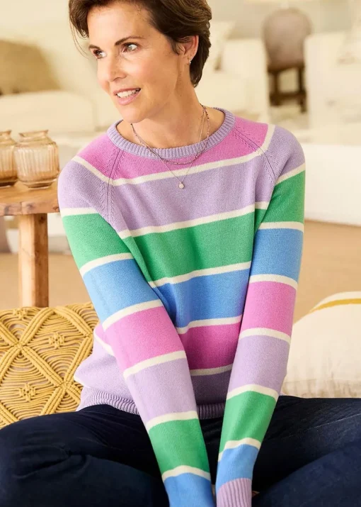 Cotton Traders Deep Lilac Cotton Crew Neck Stripe Jumper