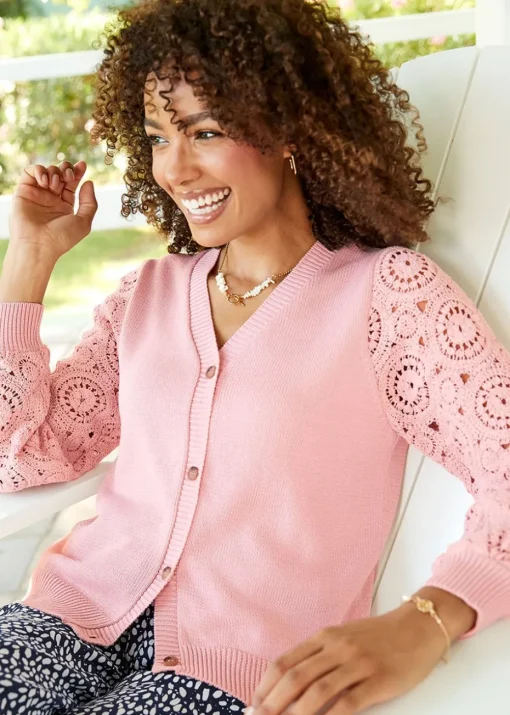 Cotton Traders Dusky Pink Lace Knit Sleeve Cardigan