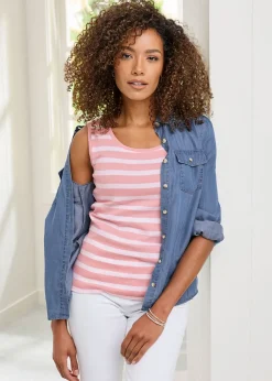 Cotton Traders Dusky Pink Wrinkle Free Scoop Neck Stripe Vest