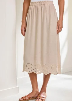 Cotton Traders Ecru Pull On Cut Work Midi Skirt