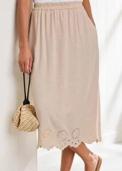Cotton Traders Ecru Pull On Cut Work Midi Skirt