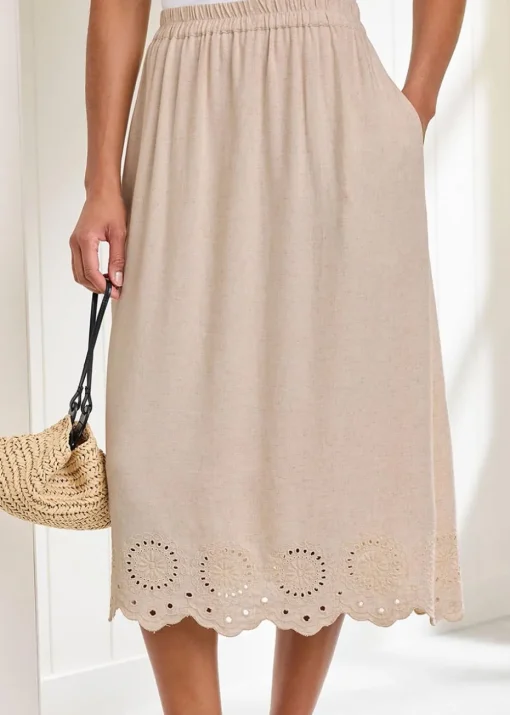 Cotton Traders Ecru Pull On Cut Work Midi Skirt