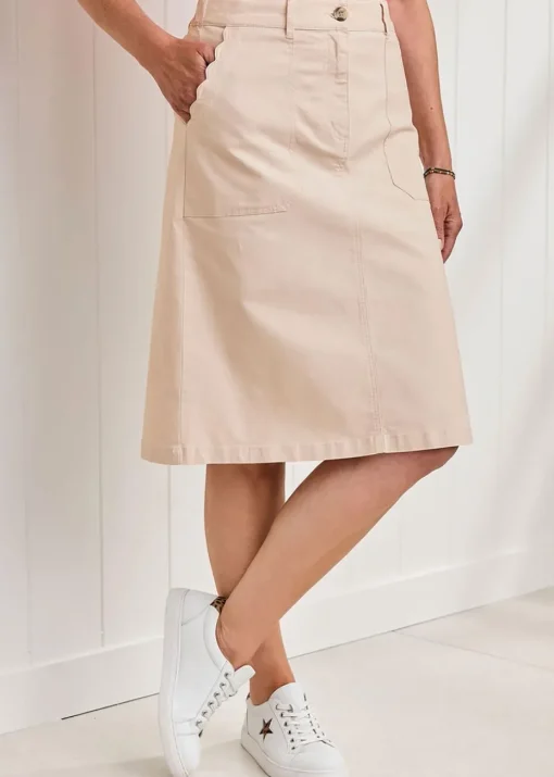 Cotton Traders Ecru Scalloped Pocket Twill Knee-Length Skirt