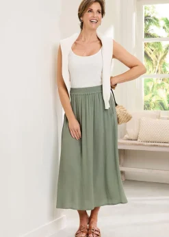 Cotton Traders Grey Green Pull On Crinkle Maxi Skirt