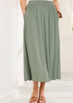 Cotton Traders Grey Green Pull On Crinkle Maxi Skirt