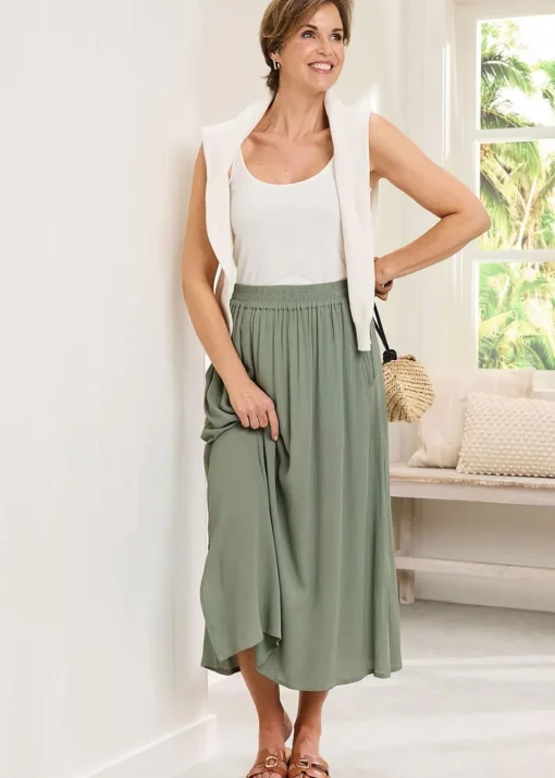 Cotton Traders Grey Green Pull On Crinkle Maxi Skirt