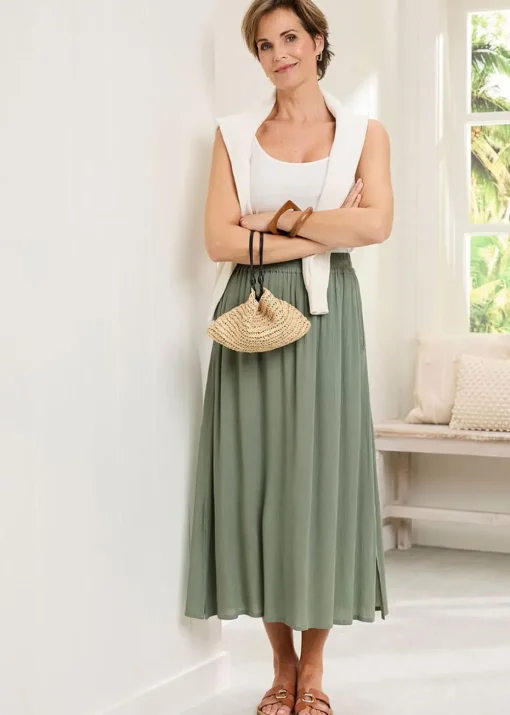 Cotton Traders Grey Green Pull On Crinkle Maxi Skirt