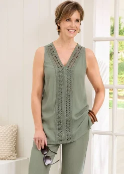 Cotton Traders Grey Green Lace Trim Crinkle Vest
