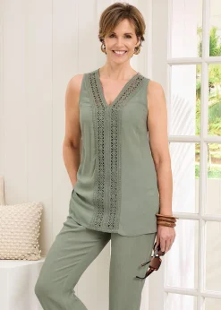 Cotton Traders Grey Green Lace Trim Crinkle Vest