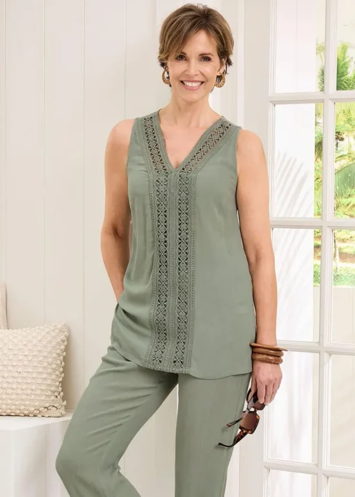 Cotton Traders Grey Green Lace Trim Crinkle Vest