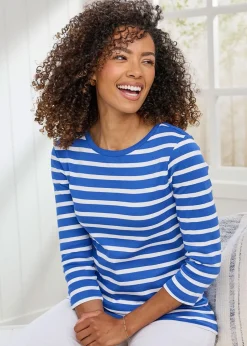 Cotton Traders Indigo Wrinkle Free Stripe Boat Neck Top