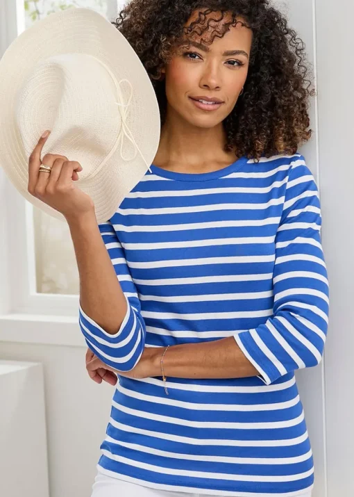 Cotton Traders Indigo Wrinkle Free Stripe Boat Neck Top