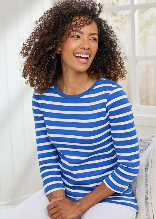Cotton Traders Indigo Wrinkle Free Stripe Boat Neck Top