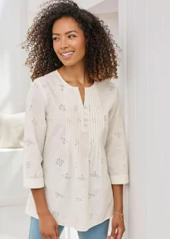 Cotton Traders Ivory Broderie Pintuck Blouse