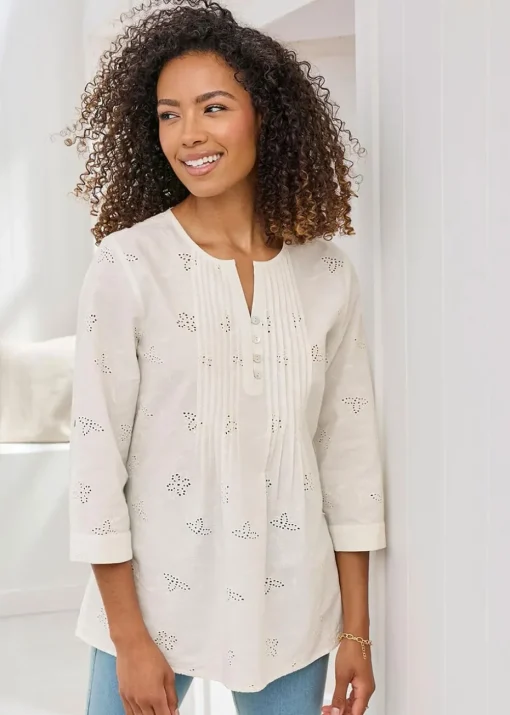 Cotton Traders Ivory Broderie Pintuck Blouse