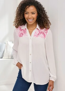 Cotton Traders Ivory Embroidered Crinkle Blouse
